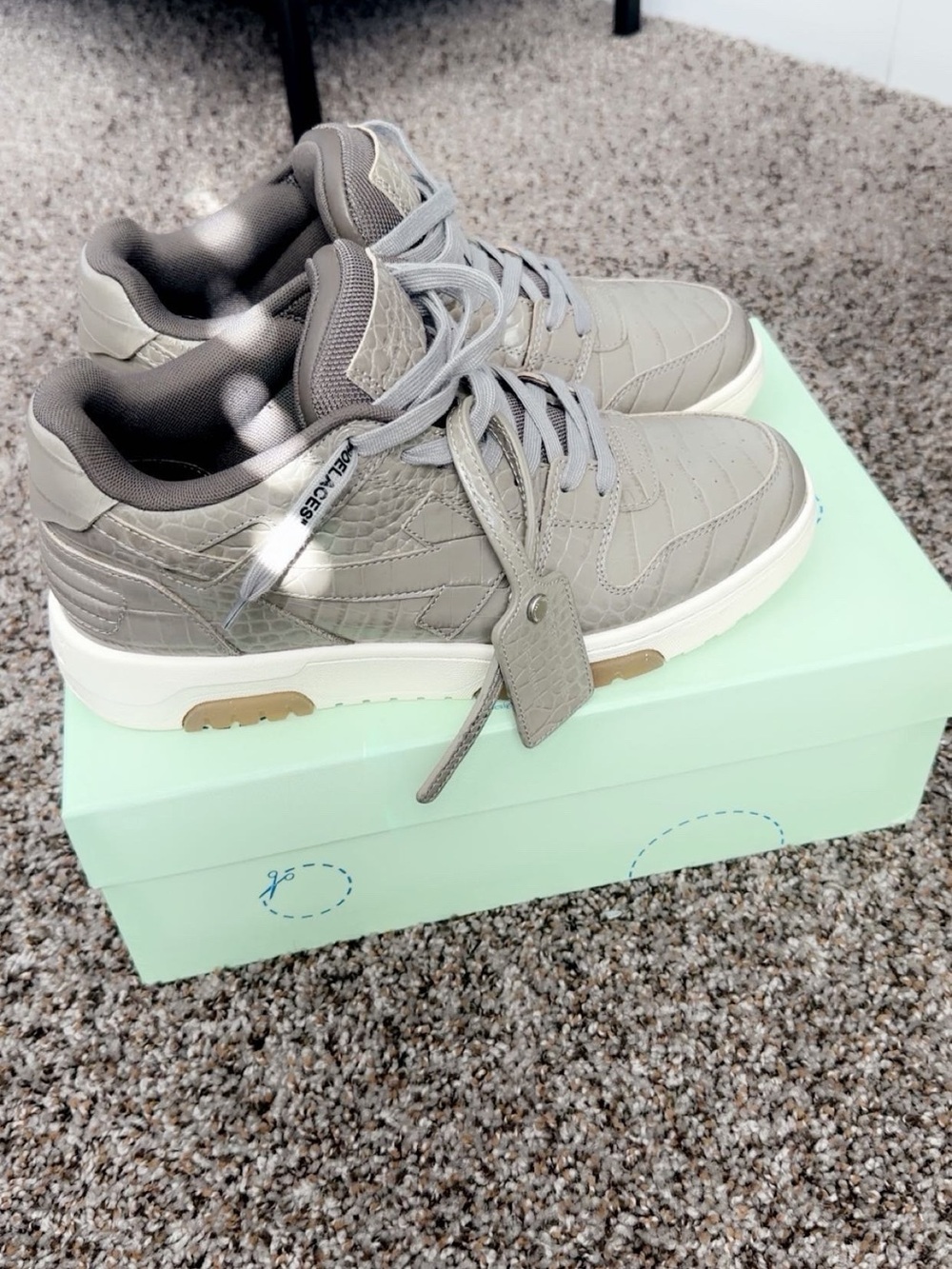 Off-White Grey Croc-Embossed Low-Top Sneaker with Gold Accents